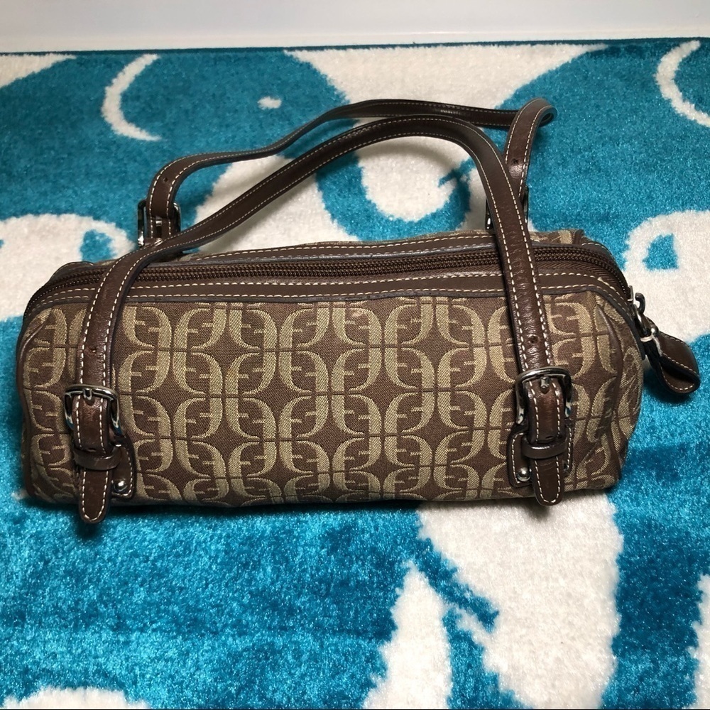 Fossil Brown Satchel Monogram Pattern Print Small… - image 2